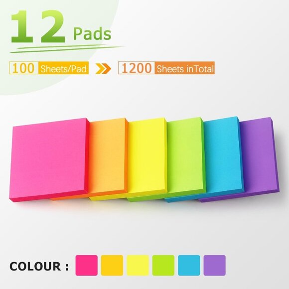 Pop Up Sticky Notes 3x3 inch Bright Colors Self-Stick Pads 12 Pack 1200 Sheets - Picture 4 of 8
